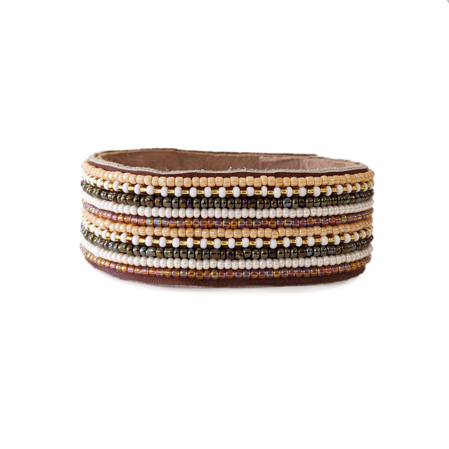 Medium Stripes Light Neutral Beaded Leather Cuff