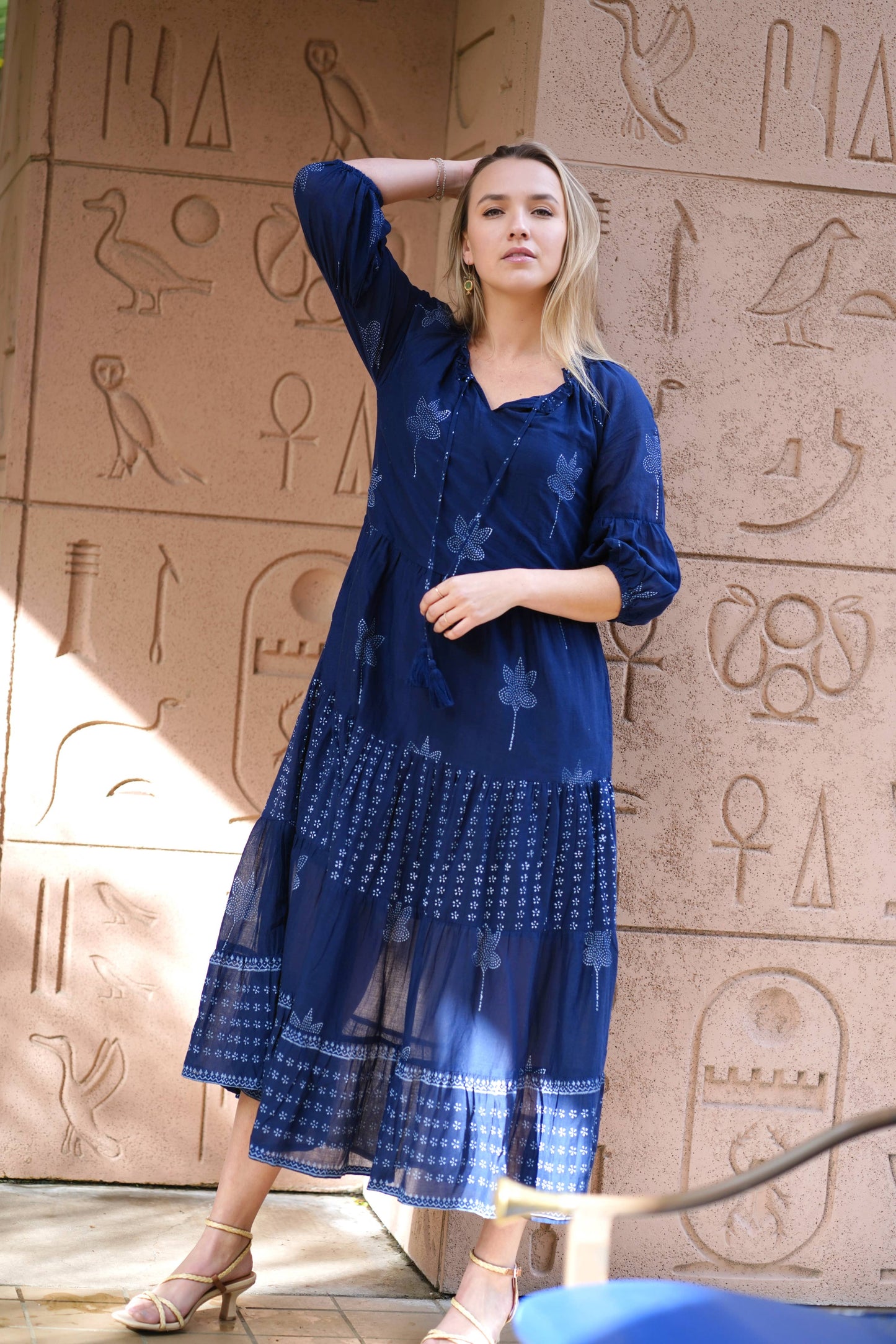 Bells Maxi Dress Hand Block Printed Blue