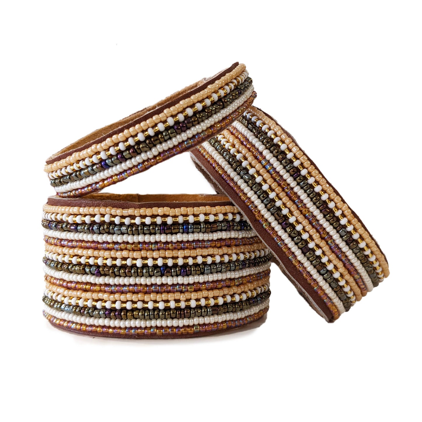 Medium Stripes Light Neutral Beaded Leather Cuff