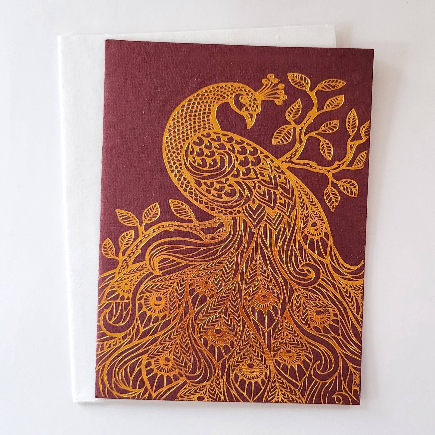 Burgundy Peacock Foiled Card