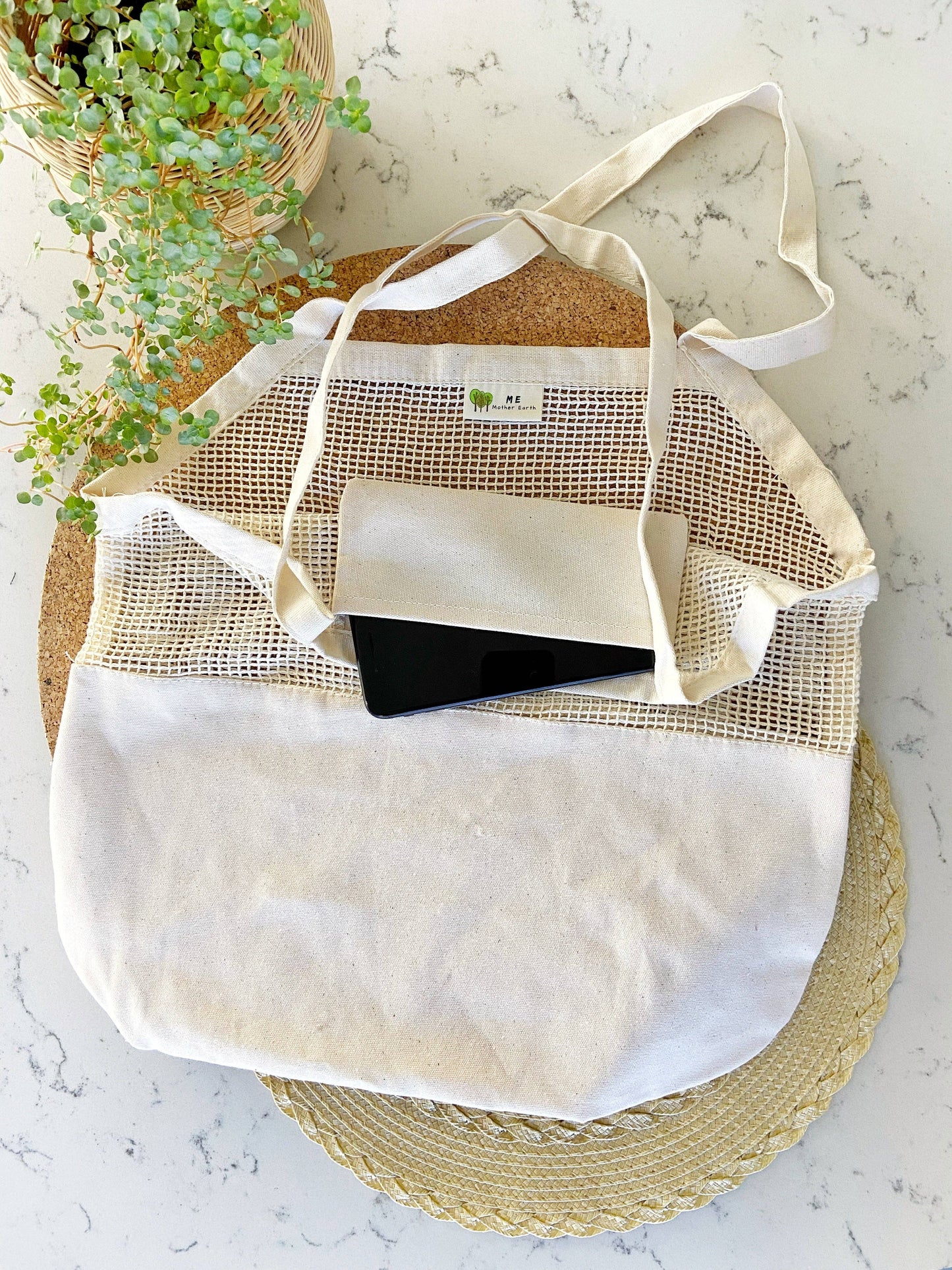 Organic Half Mesh Market Tote with Phone Pocket