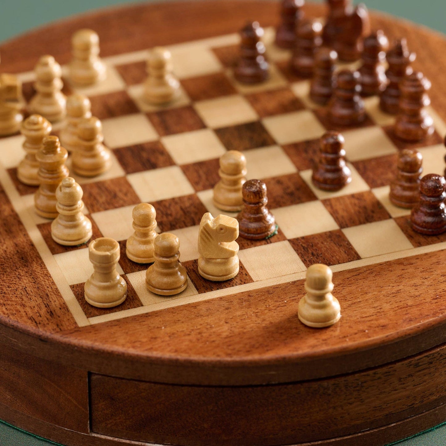 Acacia Wood Round Magnetic Chess Set