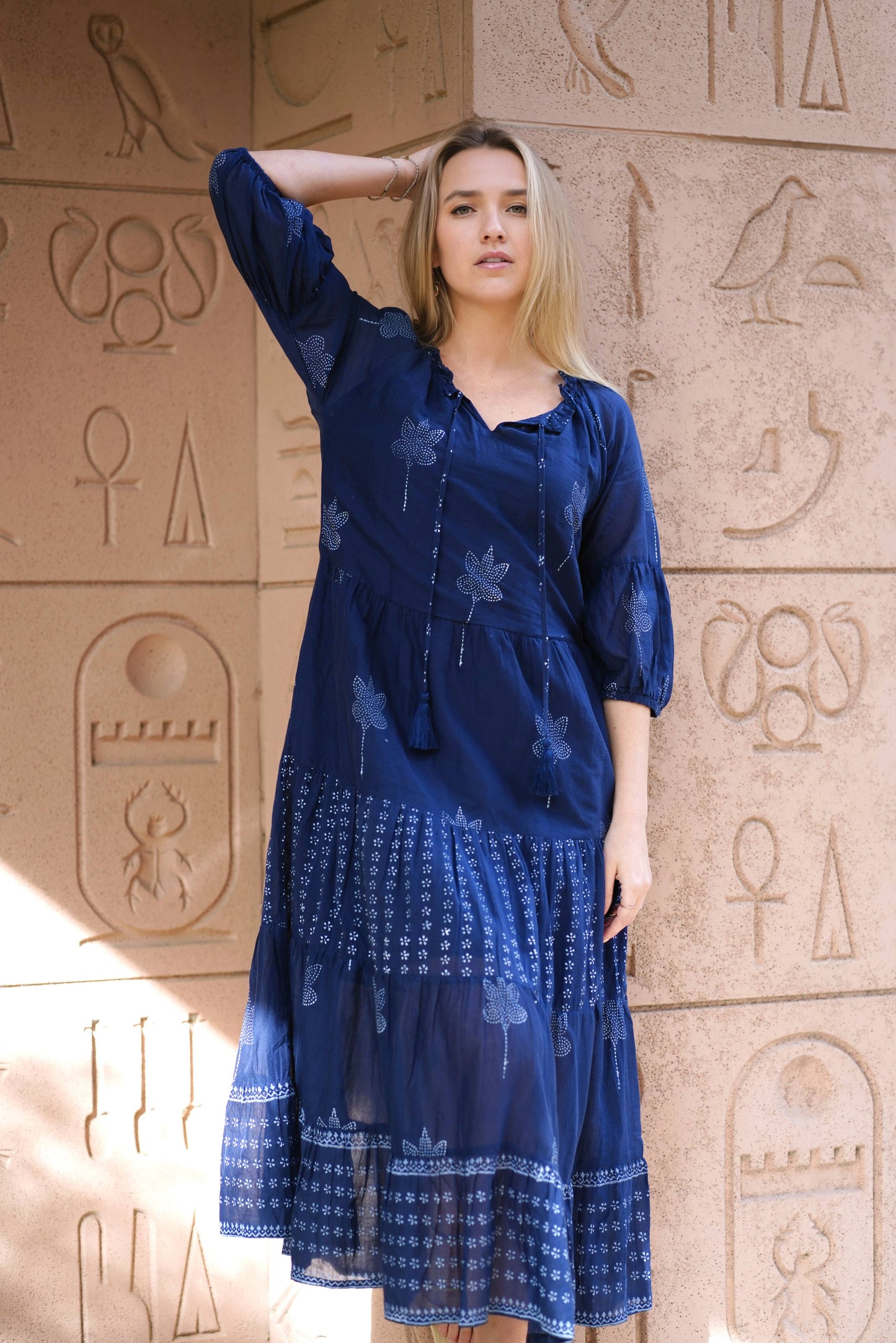 Bells Maxi Dress Hand Block Printed Blue