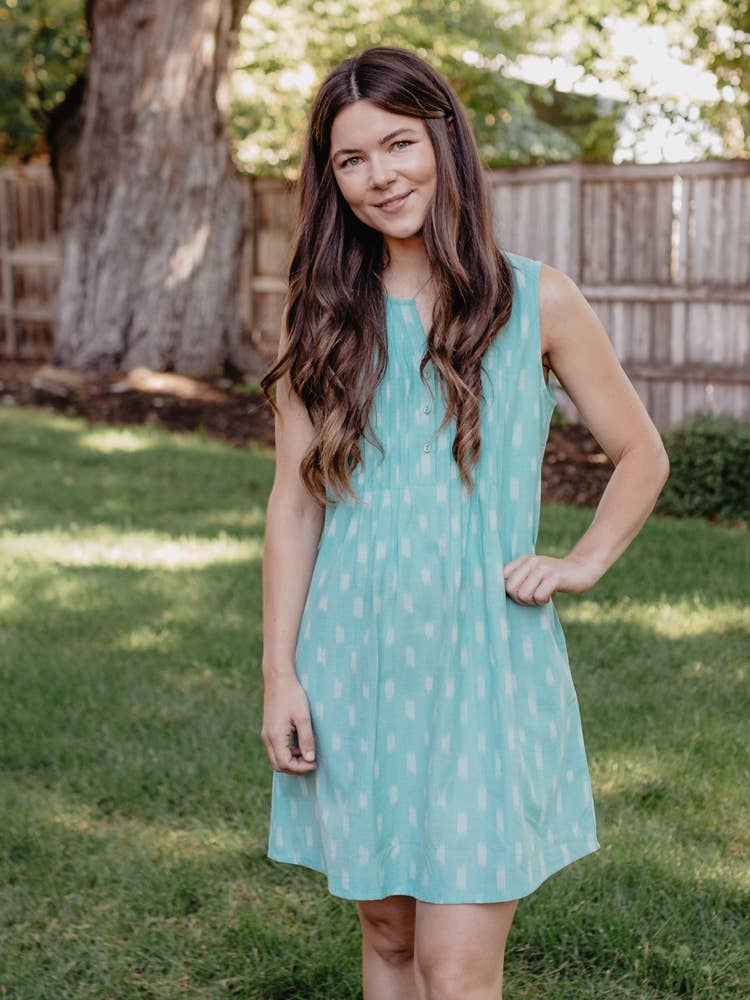 Pintucked Away Dress Aqua Ikat