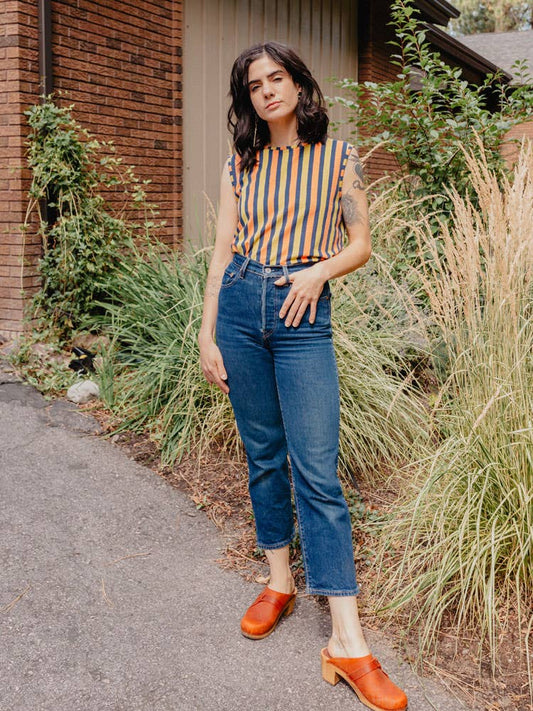 Millie Muscle Tee Navy Chartreuse Stripe