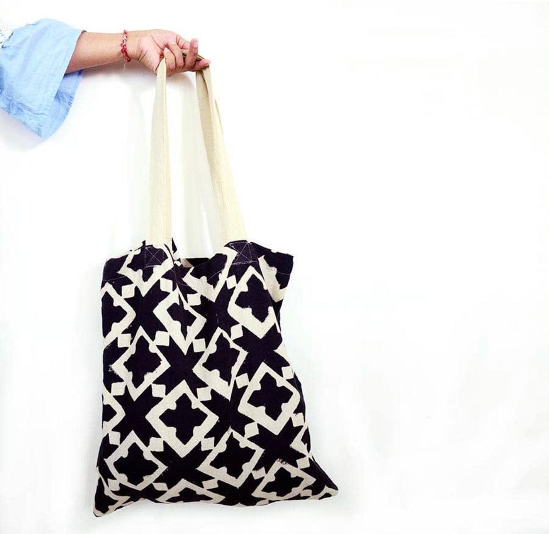 handprinted tote fair trade black and white pattern geometric